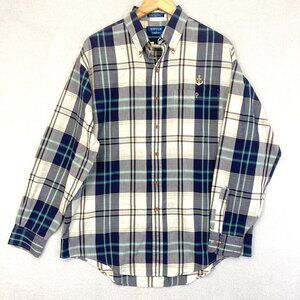 Vintage Dover Arrow Shirt Mens Large Long Blue Plaid Nautical Anchor Preppy 90s‎